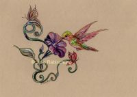 Hummingbird, butterflies and morning glory tattoo